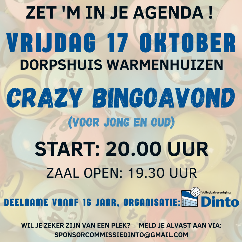 Dinto’s Crazy Bingoavond vrijdag 17 oktober a.s.